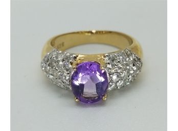 Vintage Size 7 Ring With A Large Amethyst Surrounded By CZs