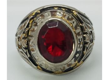 Vintage Size 13 Silver Tone US Army Ring With A Red Stone