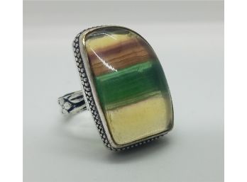 Size 7 Silver Plated Ring With Huge 7/8' Rainbow/Multi Florite Stone ~ Marked 925