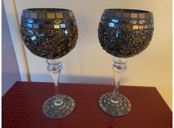 Pair Of Mosaic Stem Votive Candle Holders