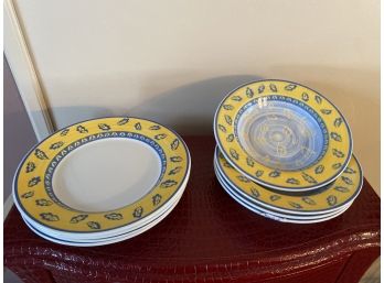 Collection Of Blue And Yellow Leaf Plates And Bowls