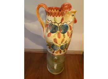 Tall Italian Handmade And Hand Painted Pottery Rooster Pitcher 29'H