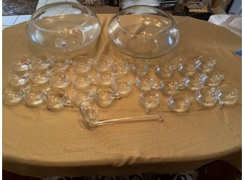 Pair Of Vintage Glass Punch Bowls With Mugs