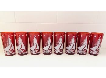 Set Of Red Hazel Atlas Sailboat Glass Tumblers  (LOC: W )