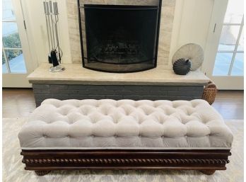 Horchow Velvet Tufted Ottoman Bench W/ Mahogany Finish Storage Base  (LOC: FFD- R)