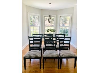 Ethan Allen Set Of 6 Ladder Back Chairs W/ Blue Upholstered Cushions  (LOC: S)