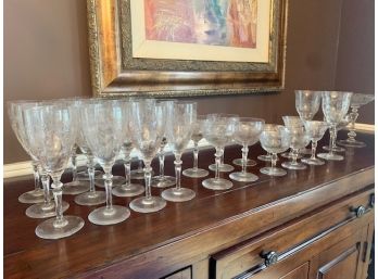 Set Of Etched Crystal Wine Glass & Cocktail Grouping (LOC: S)