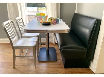 Diner Table W/ Booth & PR Of Aluminum Chairs & Misc. Plates   (LOC-S)