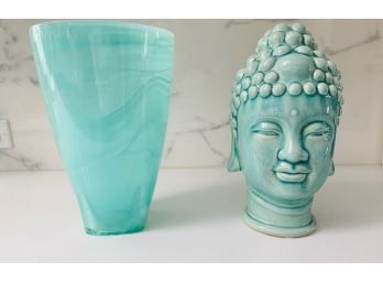 Seafoam Glass Vase & Decorative Khmer Buddha Head  (LOC: FFD-R)