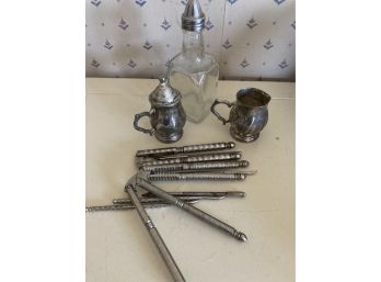 Salt And Pepper Shaker, Oil Jar With Lid And Nut Crackers With Pic's