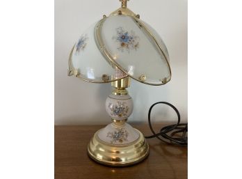 Brass Tone And White With Flowers Lamp.