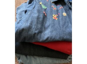 Holiday Vest With Skating Penguins, Denim Shirt With Christmas Embriodery With 2 Pairs Of Jeans