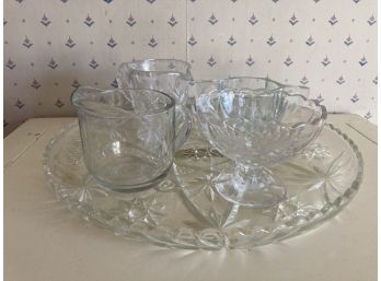 Beautiful Cut Glass Large Round Plate With A Sugar Cup 2 Creamers And A Bowl