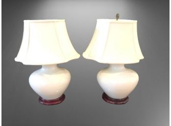 Pair Of Modern Lamps With Shades Marked 'Waterford' With Removable Wood Bases.