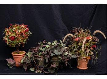 Wire Basket With Faux Greens And Two Arrangements