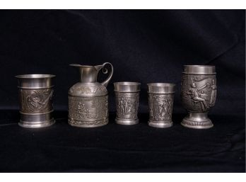 Two Small Pewter Cups A Small Jug And A Large Chalise