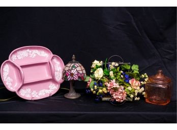 Small Tiffany Style Lamp Pink Depression Glass Style Canister &  A Pink & White Serving Platter From Italy