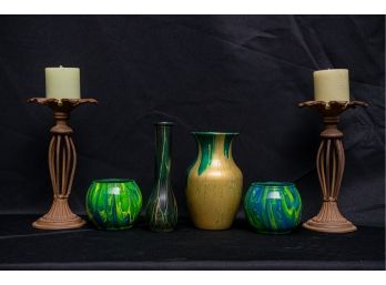 Four Florist Vases With Acrylic Design & Two Rustic Metal Candle Holders