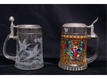 Two Glass Steins With Pewter Lids