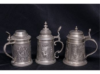 Three German Pewter Steins With Lids