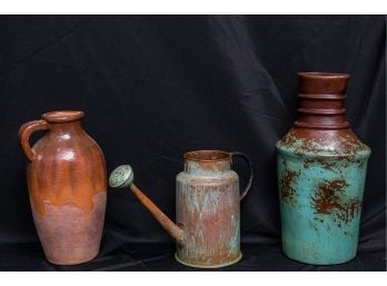 Vintage Water Can And Two Ceramic Vases