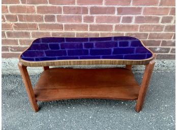 1930's Art Deco Cobalt Blue Mirrored Glass Top Kidney Shaped Coffee Table