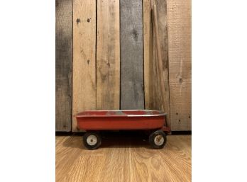 Vintage Mini Metal Red Wagon With Wood Handle