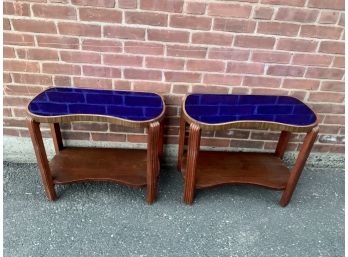Pair 1930's Art Deco Cobalt Blue Mirrored Glass Top Kidney Shaped Side Tables