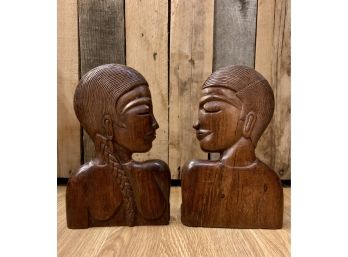 Carved Wood Male And Female Folk Art Busts