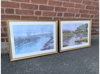 Pair Matching Gold Framed Prints Of Watercolors