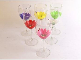 Six Springtime Wonderful Hand Painted Wine Glasses