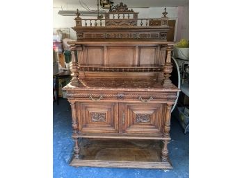 Antique 19th Century Hand Carved Solid Wood And Marble Buffet Hutch, Or Cabinet