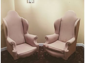 Pair Of Beige Wing Back Chairs That Need To Be Reupholstered