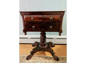 Mahogany Antique Side Table On Pedestal With Four Carved Cabriole Legs Plus Two Drawers With Lion Head Knobs