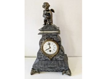 Beautiful Vintage Marble Clock With Bronze Cherub