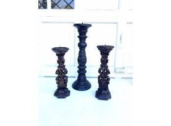 Three Bombay Wood Candle Holders