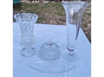 Crystal And Glass Selection -  2 Vases, 1 Lidded Plate And 1 Relish Dish