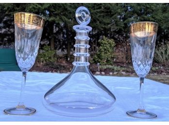 Hand Blown Glass Decanter And Two Gold Leaf Stemmed Glasses