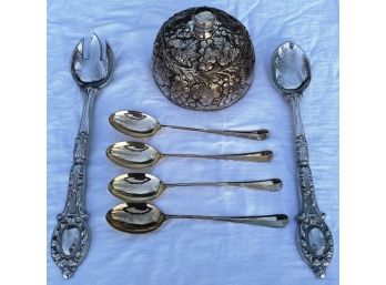 Spoons And  Silver Tone Cheese Or Food Dome  - Round  Silver Tone Cloche Bell