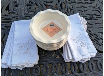 7 White Emile Henry Le Potier Ruffled Edge Bowls And 8 Open Work Cloth Embroidery Napkins