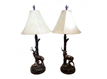 Set Of (2) Figural Deer Rustic Table Lamps - Need Repair To Horns - WORKS!