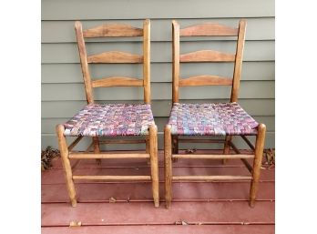 Unique Pair Of Vintage Ladderback Chairs With Necktie Woven Seats