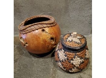 Lot Of (2) African Decor Items - Carved Gourd And Woven Basket With Lid