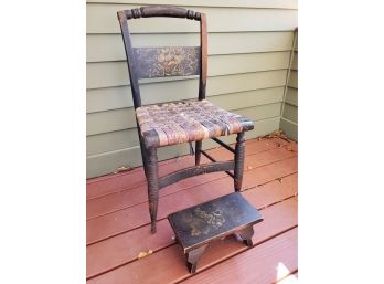 Antique Painted Chair And Stool With Silk Necktie Woven Seat