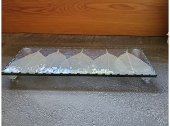 Footed Glass Tray With Leaf Decor