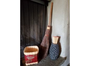 Lot Of Fireside Goodies (3) Including Basket, Pinecone Long Matchstick Holder, & Rustic Broom