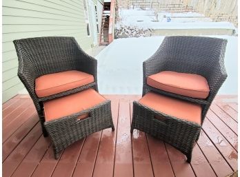 Set Of (2) Outdoor Woven Chairs With Ottomans & Cushions