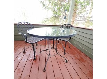 Outdoor Metal Table With Glass Top And (2) Arm Chairs