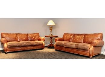 Pair Of Distressed Genuine Leather And Goose Down Sofas