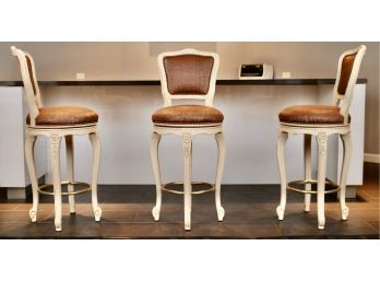 Set Of 3 Of Swivel Wood Carved Bar Stools